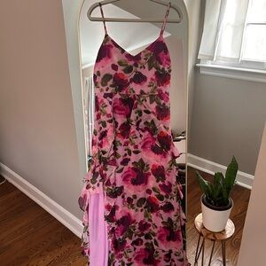 Floral Pink and Green Ruffle Long Dress Worn Once